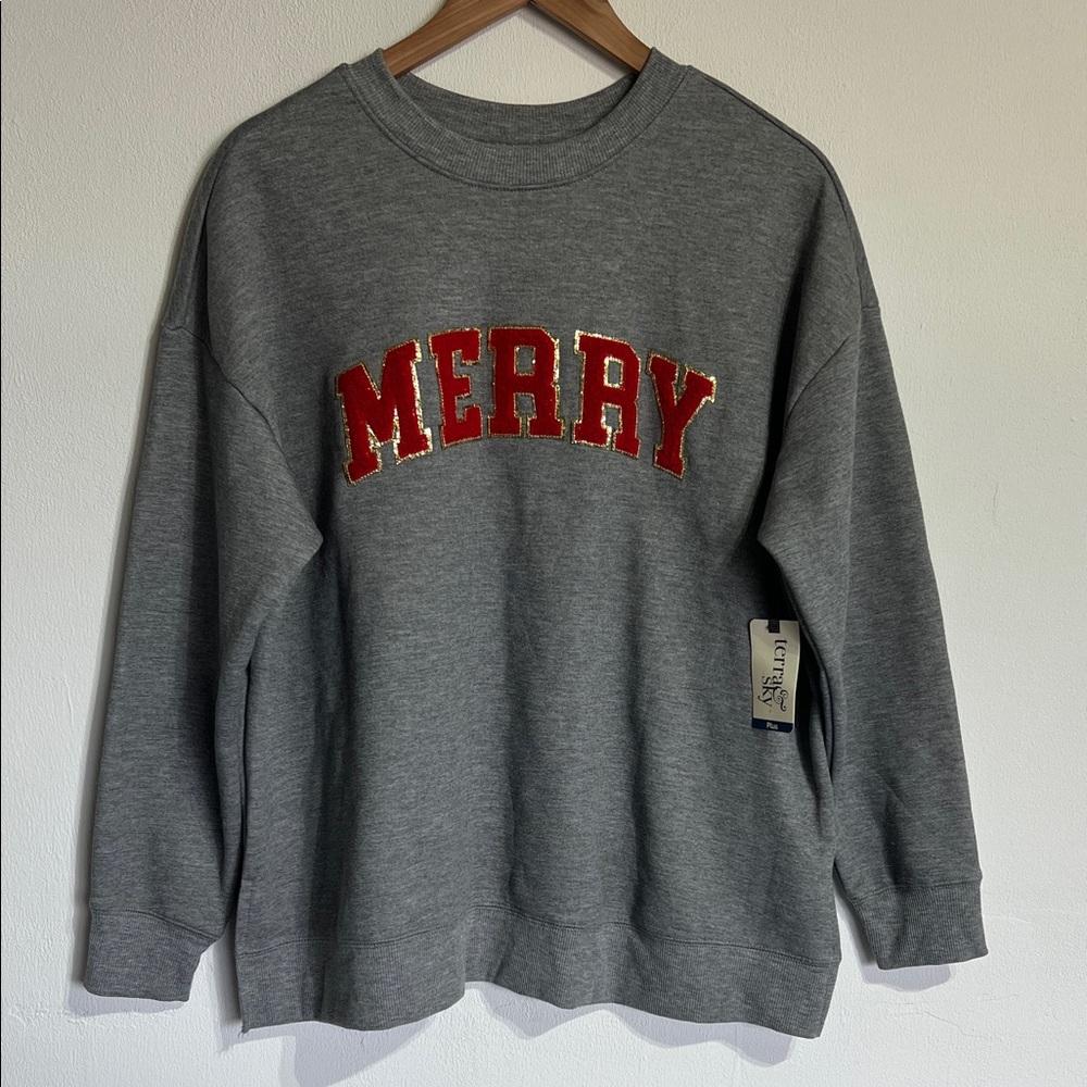 Terra & Sky Gray Sweater with Red 'Merry' Design